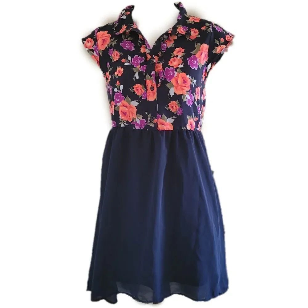 Faded glory xl 14-16 girls floral navy blue spring dress above knee short sleeve